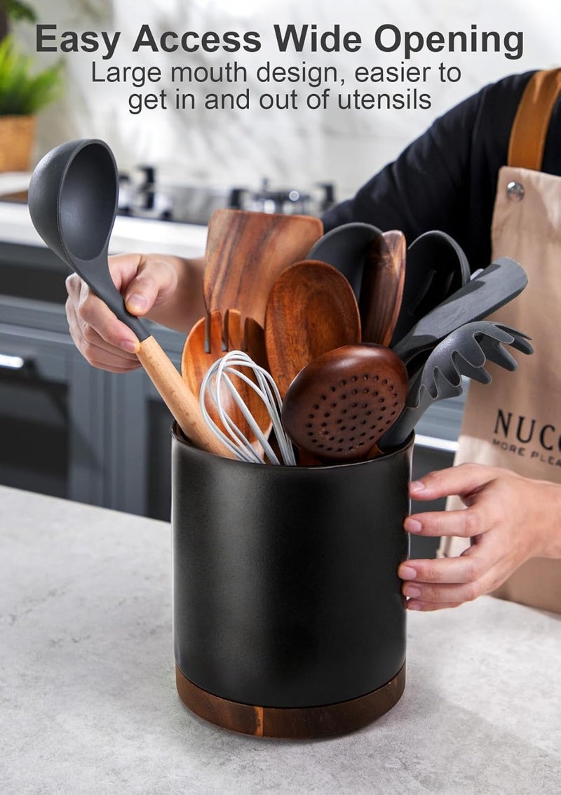 Nucookery 360°Rotating Utensil Holder, 7.2" Kitchen Utensil Crock, Ceramic Cooking Utensil Organizer with Countertop-Protection Cork Bottom for Farmhouse Kitchen Decor Christmas (Stone Black) - Image 3